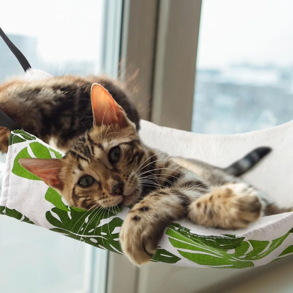 2 Pack Cat Hammock for Cage, Reversible Soft Bed with Adjustable Straps, Double-Sided Linen and Fleece, Monstera Leaf view 2