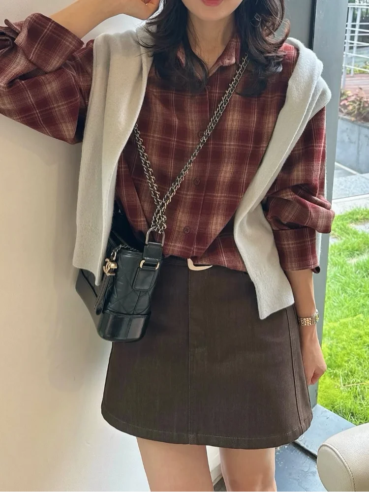 

Повседневная клетчатая рубашка с шалью, женская свободная рубашка с длинным рукавом и воротником-стойкой, шикарные рубашки с лентой, женские 2026, весенняя универсальная модная верхняя одежда