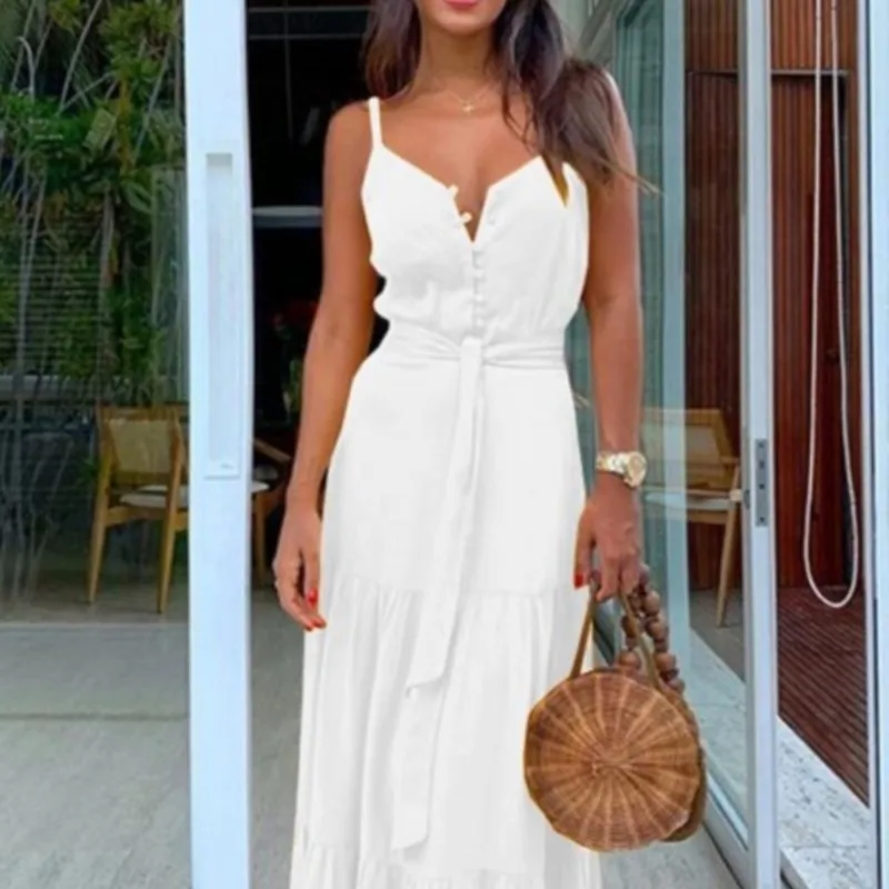 Sexy Spaghetti Strap Maxi Dress Women Summer Button With Belt White Dresses Big Hem Patchwork Beach Party Dress Boho Sling Robe