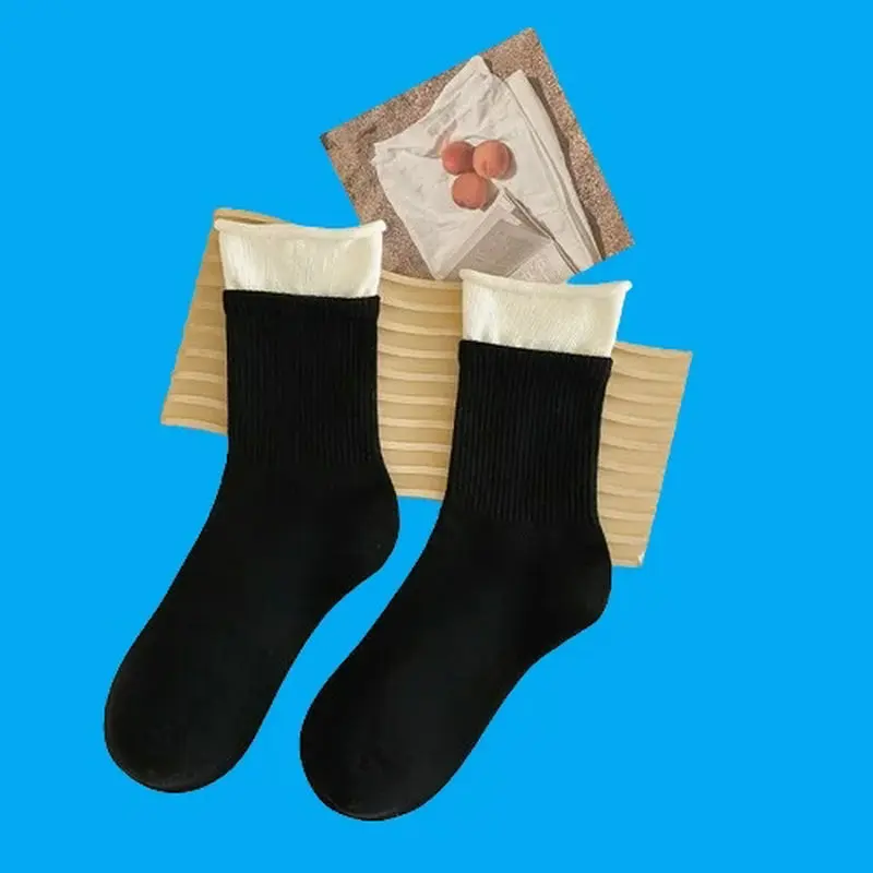 3/6 Pairs Japanese Color Matching Korean Trendy Socks Double Cuff Socks Women's Fake Socks Two-piece 2024 New Middle-tube Socks