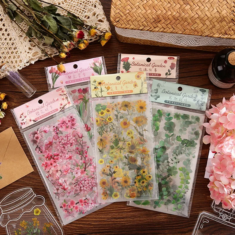 6 pieces/pack Vintage Plant flower PET waterproof sticker for DIY scrapbooking Journal Photo album decoration materials Stickers