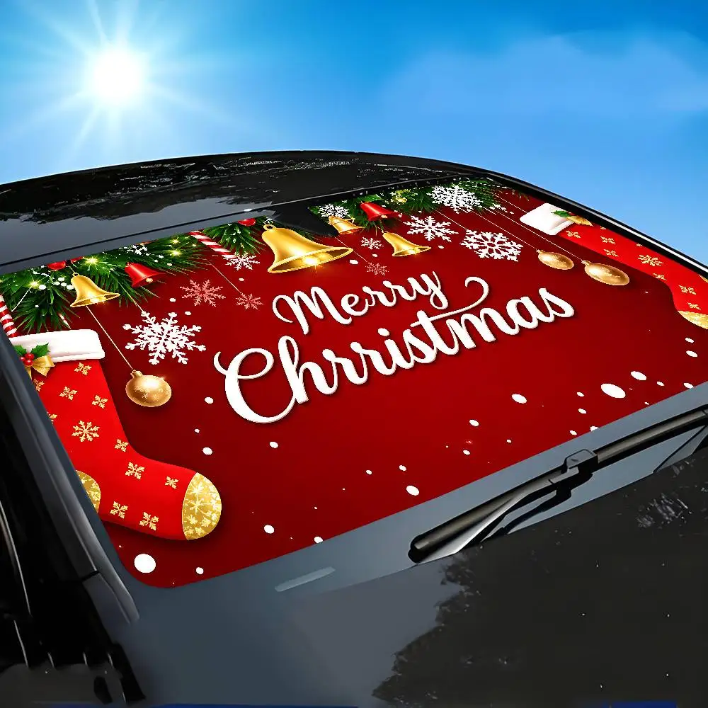 Christmas Bells And Ornaments Car SunShade Windscreen Front Window Visor 70x130cm Sun Visor Solar Protect Plaid Gift Novelty Car - view 5