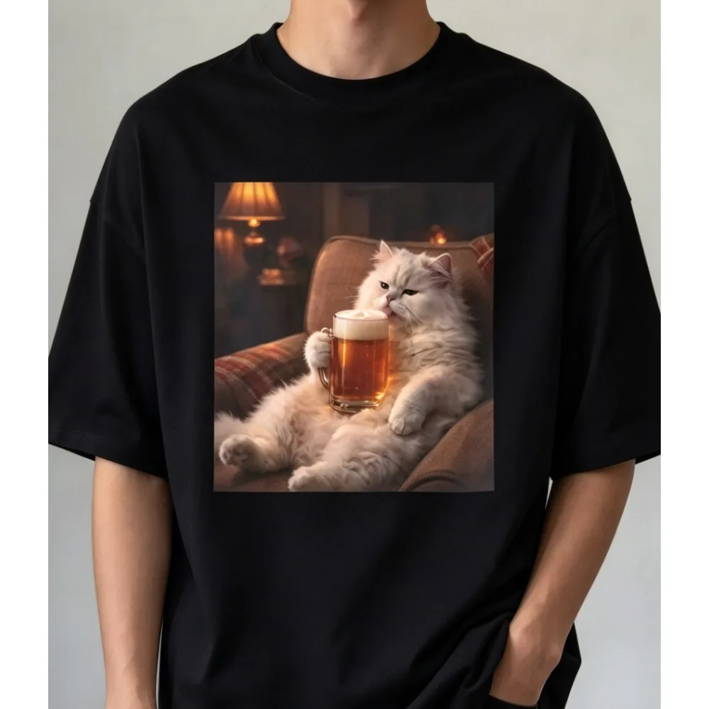 Funny Cat Drinking Beer Couch Short Sleeves T-Shirt Cool Aesthetic Humor Relax Casual Streetwear Graphic Tee Top Y2k Gothic