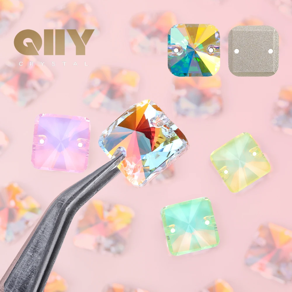 

QIIY Square Rounded Corner Multiple Colors Two Holes Sewing On Rhinestones Glitter Glass For Clothes Gems Accessories