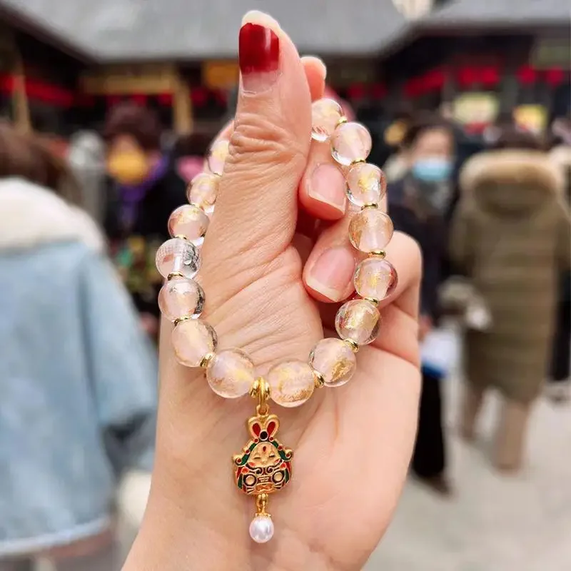 Shanghai Jade Buddha Temple Gold Foil Glass Fragrant Bracelet Couple's Lion Dance Charms Hand String Women Bring In Wealth