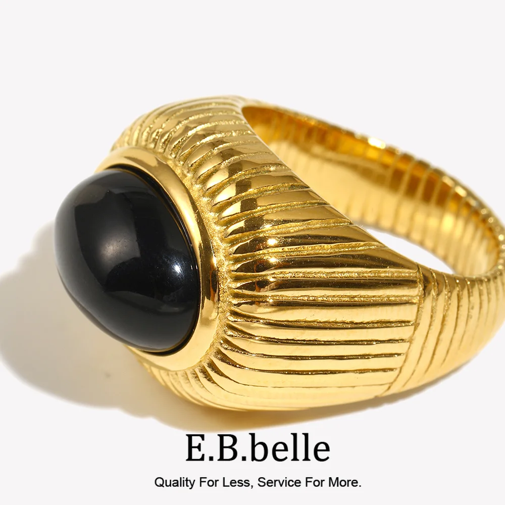 E.B.belle Vintage Style Oval Shape Black Agate Stone Rings Women 18K Gold Plated Stainless Steel Party Chic Jewelry