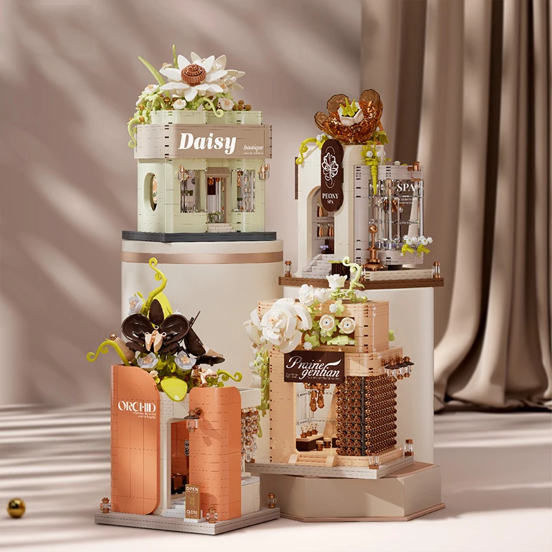 City Flower Street View Building Bricks Florist Nail Salon Spa Jewelry Store Construction Mini Block Streetscape Toys With Light