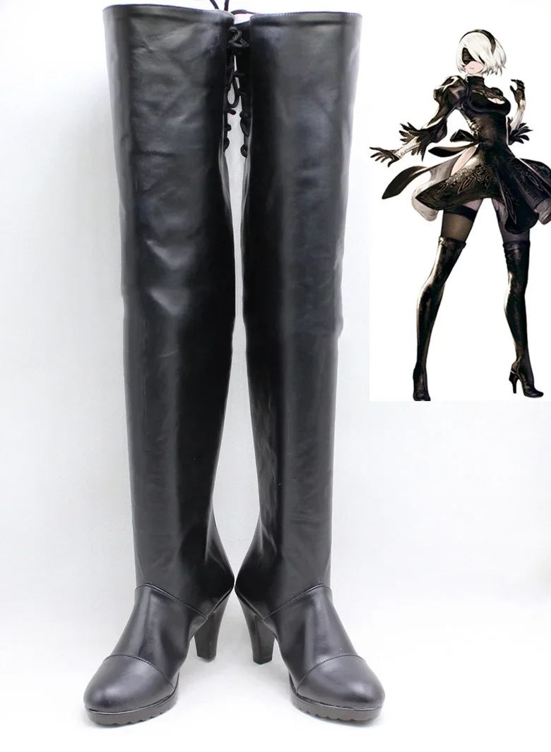 2B คอสเพลย์รองเท้าเกมนีเออร์: ออโตมาต้าคอสเพลย์รองเท้าหนัง PU สีดำรองเท้าอะนิเมะอุปกรณ์เสริมฮาโลวีนอุปกรณ์ประกอบฉากงานคาร์นิวัลสั่งทำพิเศษ