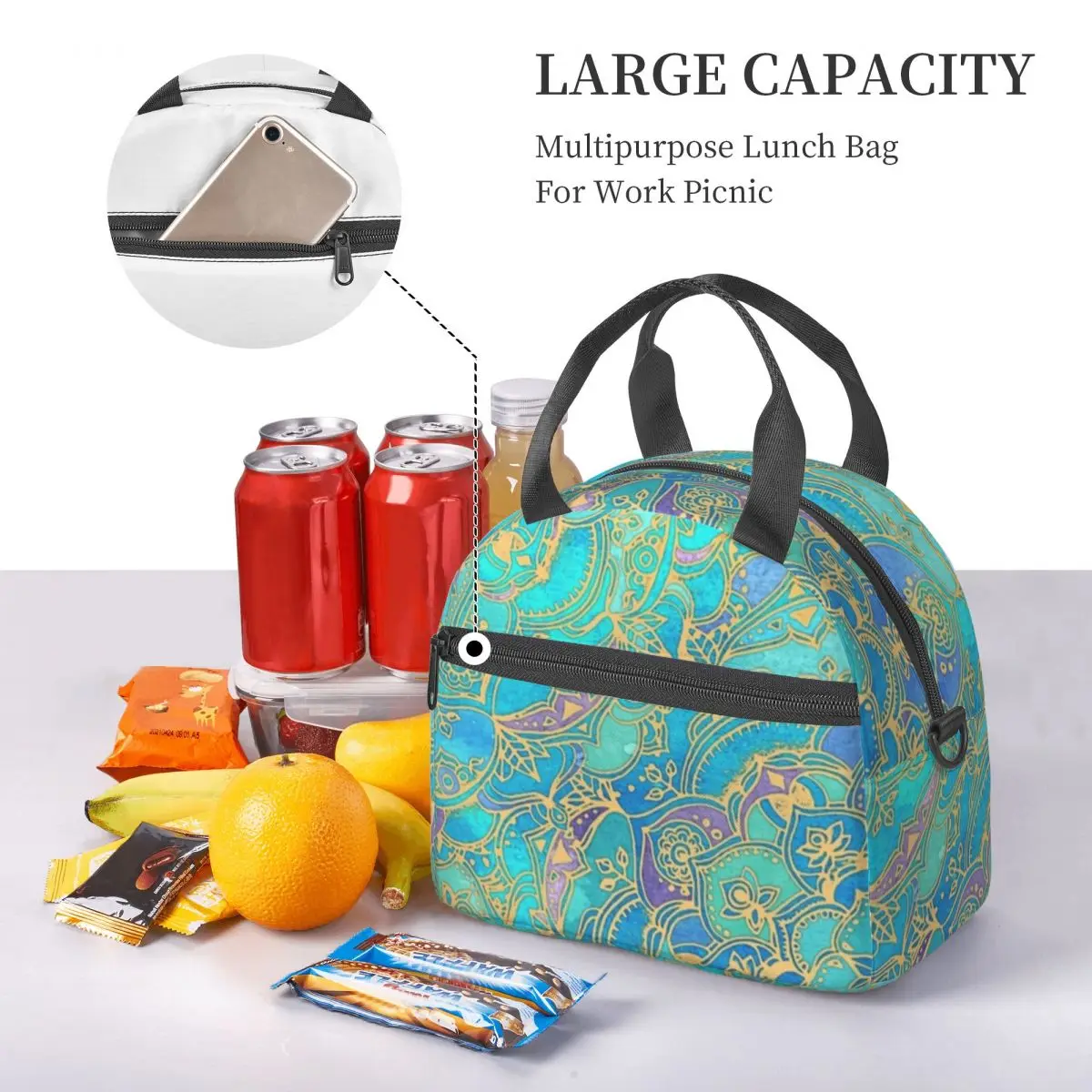 Sapphire & Jade Stained Glass Mandalas Insulated Lunch Bag for Women Bento Storage Food Boxes Leakproof Cooler Thermal Lunch Box