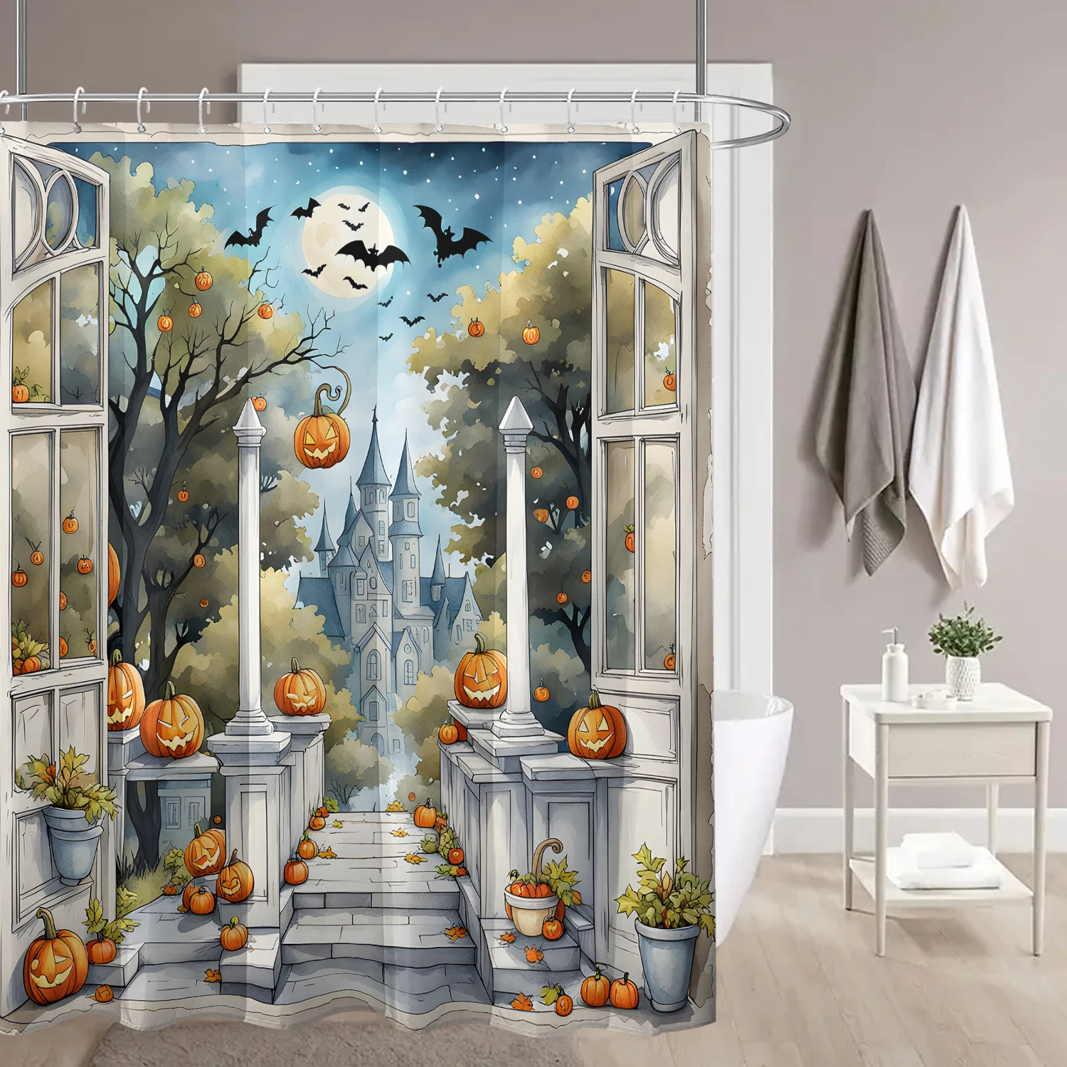 1pc Bat Pumpkin Beach View Window Pattern Printed Shower Curtain with Plastic Hook Cartoon Bathroom Partition Curtain Decoration