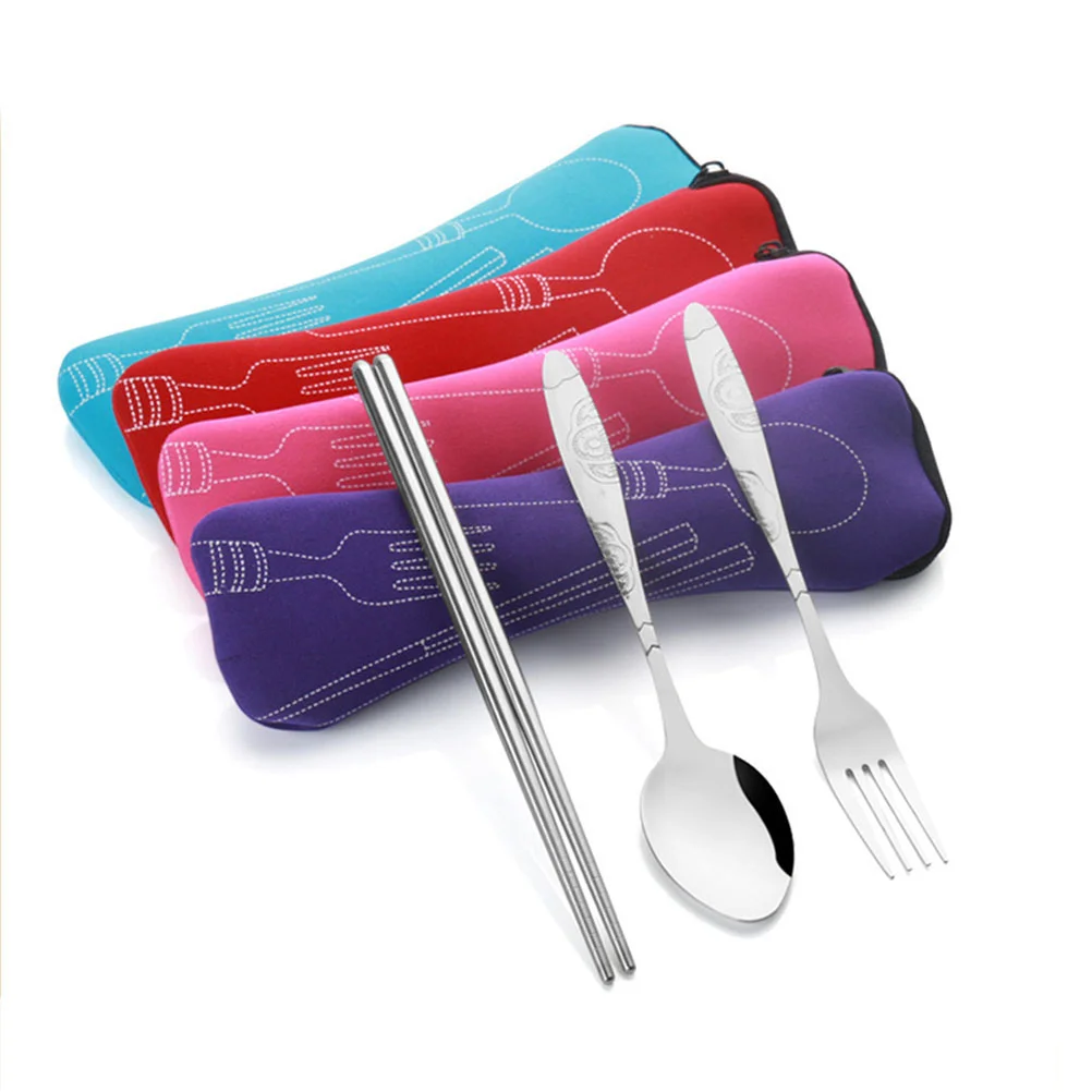 4 Pcs Stainless Steel Tableware Suit Premium Portable Patterned Fork Spoon Chopstick Set Dinnerware Set with Storage Bag (Red)