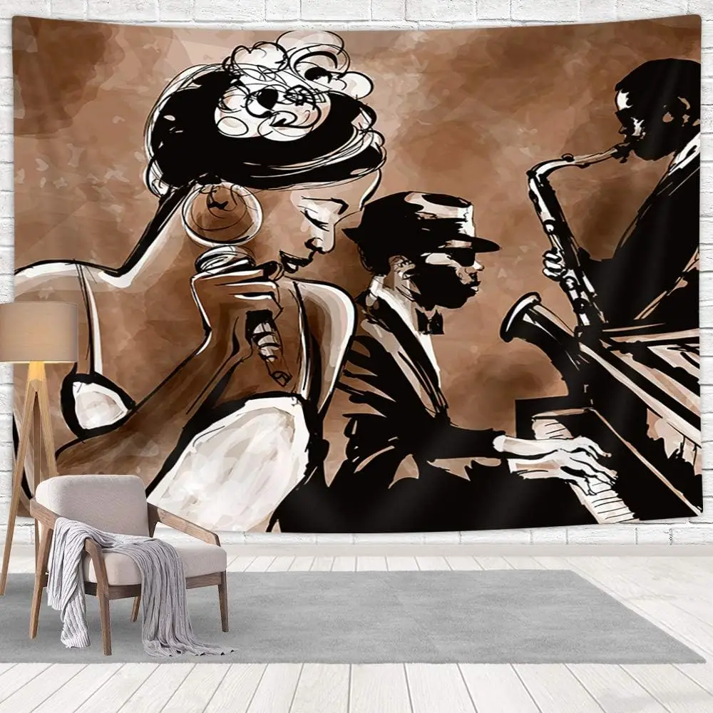 Jazz Band Tapestry - Vintage Singer Sax Piano Wall Art, Brown Tone Music Decor, Retro Living Room, Multiple Sizes