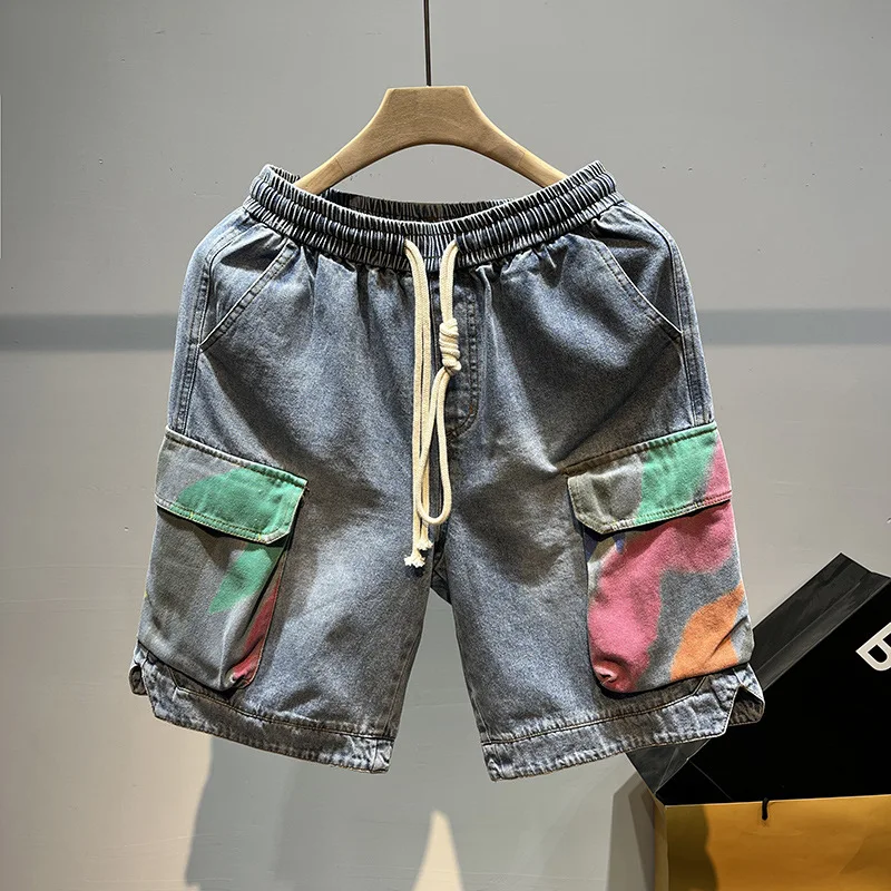 

Men Denim Shorts Summer New American High Street Casual Loose Splicing Knee Length Pants Fashion Versatile Drawstring Trousers