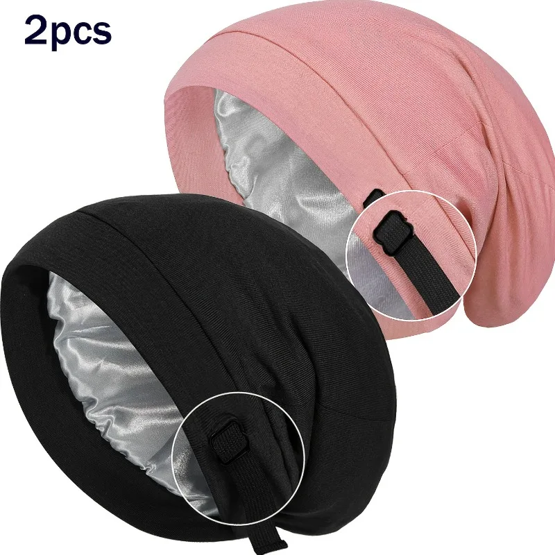 2pcs Modal Beanie Double Layer Stretchy Soft Adjustable Slouchy Hat No Pressure Feel