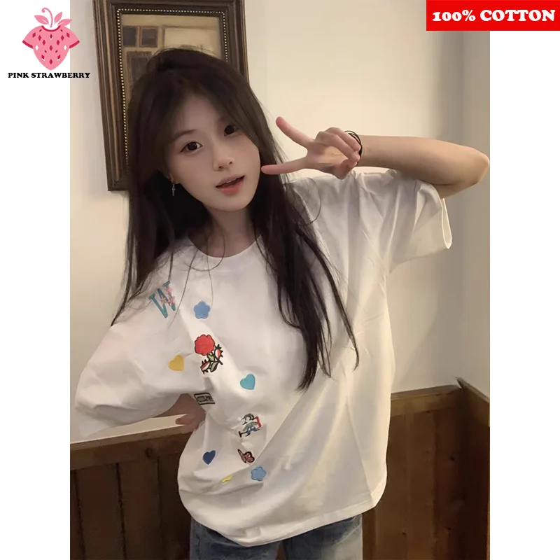 

Korean Popular Cute Pattern Print T-shirt Women's Summer 2025 New 100% Cotton Short sleeves Tee Casual Y2k Top Female clothing