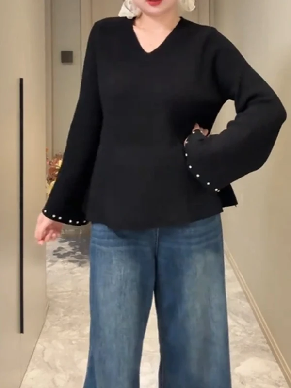 

Women's V-Ne Knitted Base irt Autumn Winter plus Size Conceals Belly Slimming Inner Wear Flared Sve Top Korean Sle