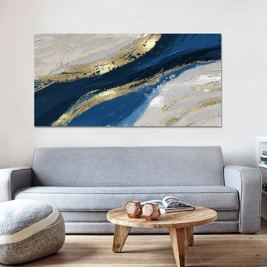 Canvas Oil Paintings, Gold Foil Textured Wall, Frameless Abstract Art, 100％ Hand Painted, Modern Art, White Blue Acrylic Picture