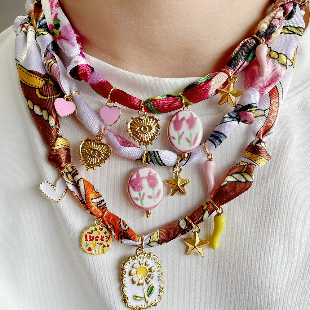 Golden Sun Charms Scarf Necklace Adjustable Choker with Heart, Cross, Pearl, Tulip, Cherry, Vintage Jewelry Gift view 6