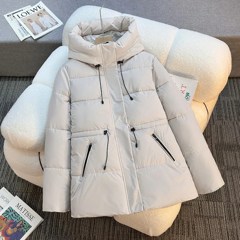 Casual Women's Hooded Drawstring Cotton Jacket Winter Fashion Versatile Zipper Pocket Long Sleeve Solid Warm Streetwear Coat