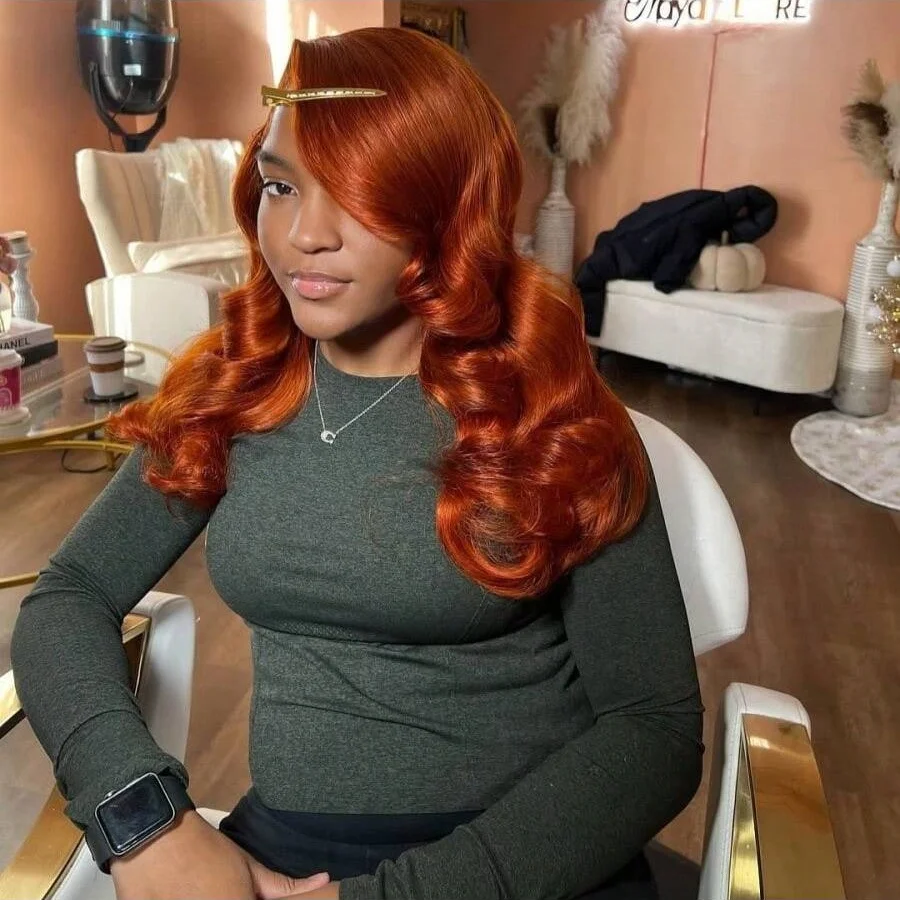 Pelucas de cabello humano Frontal de encaje transparente 13x4 naranja jengibre 8-18 pulgadas peluca Bob corto ondulado 200% prearrancada con pelo de bebé