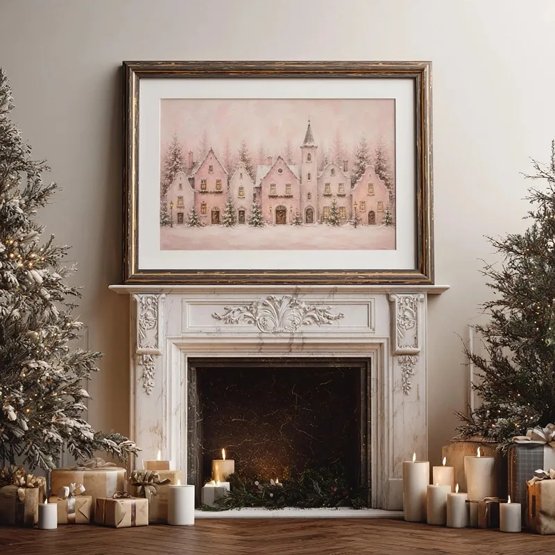 Pink Winter Village Canvas Wall Art Vintage Snowy European Town Christmas Holiday Home Wall Print Unframed Canvas Poster