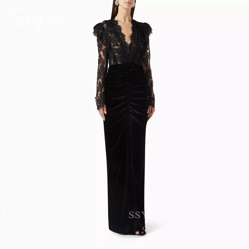 

SSYTENS Elegant Black Lace Evening Dresses Velour Mermaid Slit Flesh Colored Party Dress Long Sleeves Vestido De Gala Customized