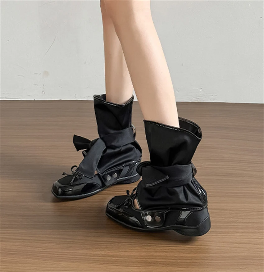 botas Mid-Calf Fashion Boots Bow Mary Jane Flat Shoes for Women 2026 Summer New Removable Three-Way Hollow Stack Short Boots