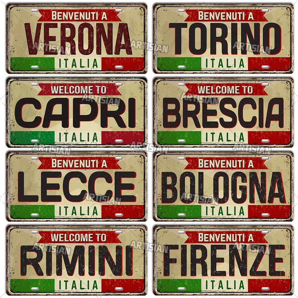 CIFBUY Vintage Italy City Metal License Plate Tin Sign, Retro Roma Milano Venezia Town Wall Plaque, 2D Flat Printing Wall Decor