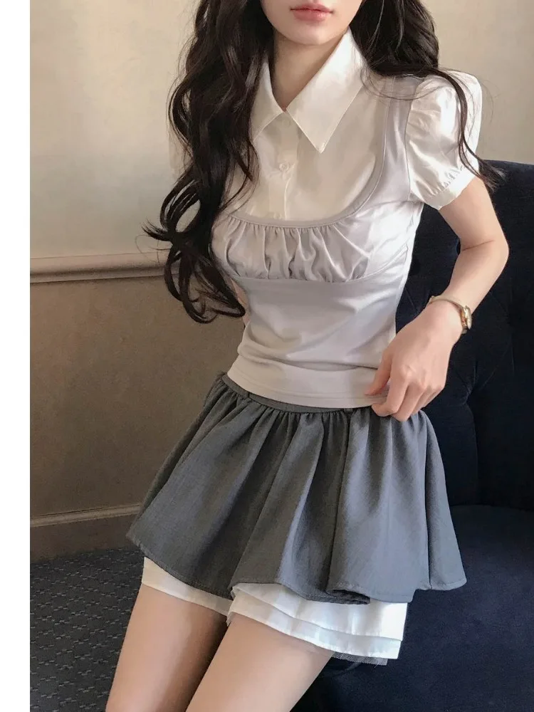 

Korean Retro College Style Fake Two-Piece High Waist Women's Jacket And Skirt Set Beautiful Matching Light Summer Outfit