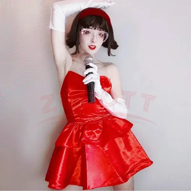 Mima Cosplay Wig Short Black Wig Halloween Party Wigs Perfect Blue Mima Cosplay Costume Red Strapless Tube Dress with Headband