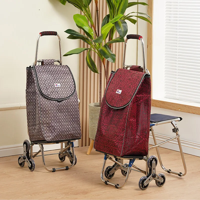 

Seat Design Shopping Cart Large Capacity Hand-Pulled Trolley Foldable Stair Climbing Vegetable Bung With Waterproof Bag Chair