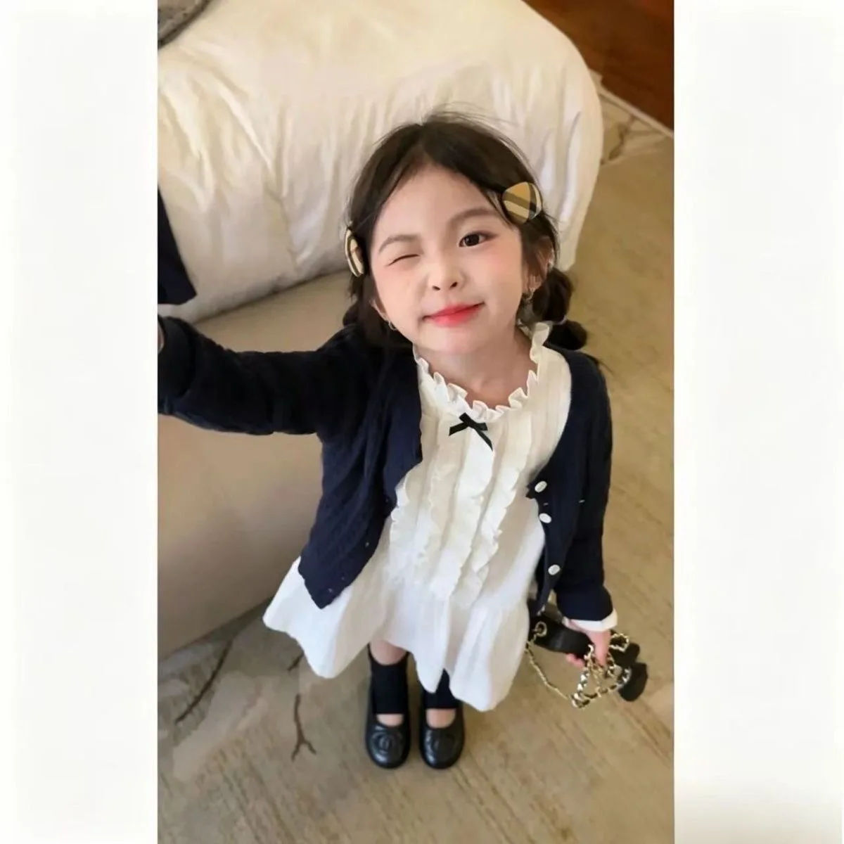 2026 Autumn Outfits Girls Korean Baby Cotton Fall New Navy Cardigan Knit Bow Knot Skirt Versatile Two Trendy
