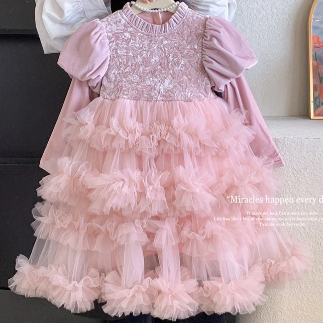 

Юбка для девочек, осень-зима 2021, новая детская одежда, темпераментная бархатная юбка принцессы с длинными рукавами для девочек