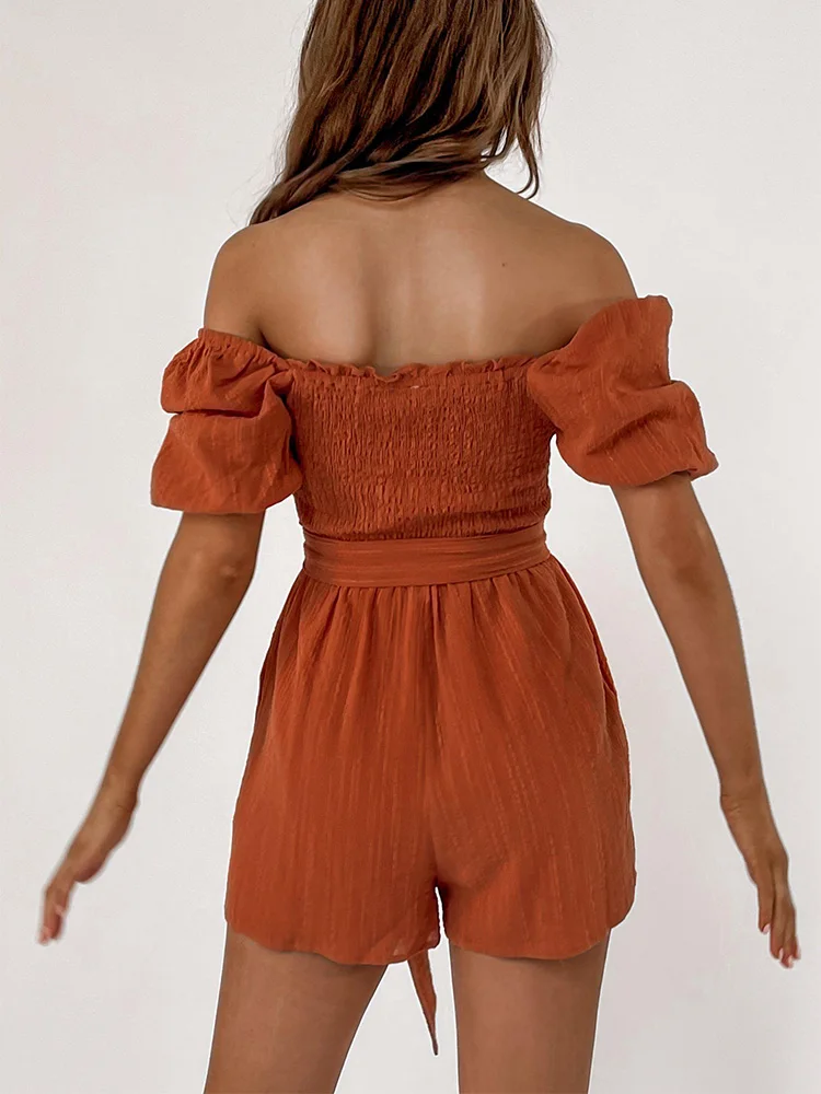 Jumpsuits For Women 2022 Square Neck Short Puff Sleeve Smocked Romper With Belt Jumpsuit Shorts Cotton Casual Playsuit Rompers