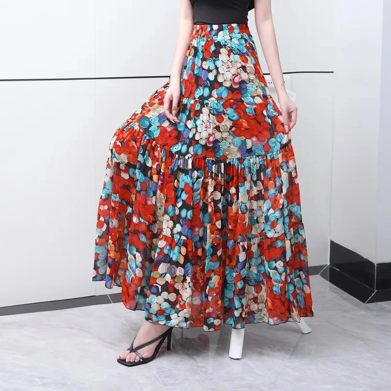 Spring Floral A-line Maxi Long Chiffon Skirt High Waist Cakee Patchwork Ankle Long Summer Skirts