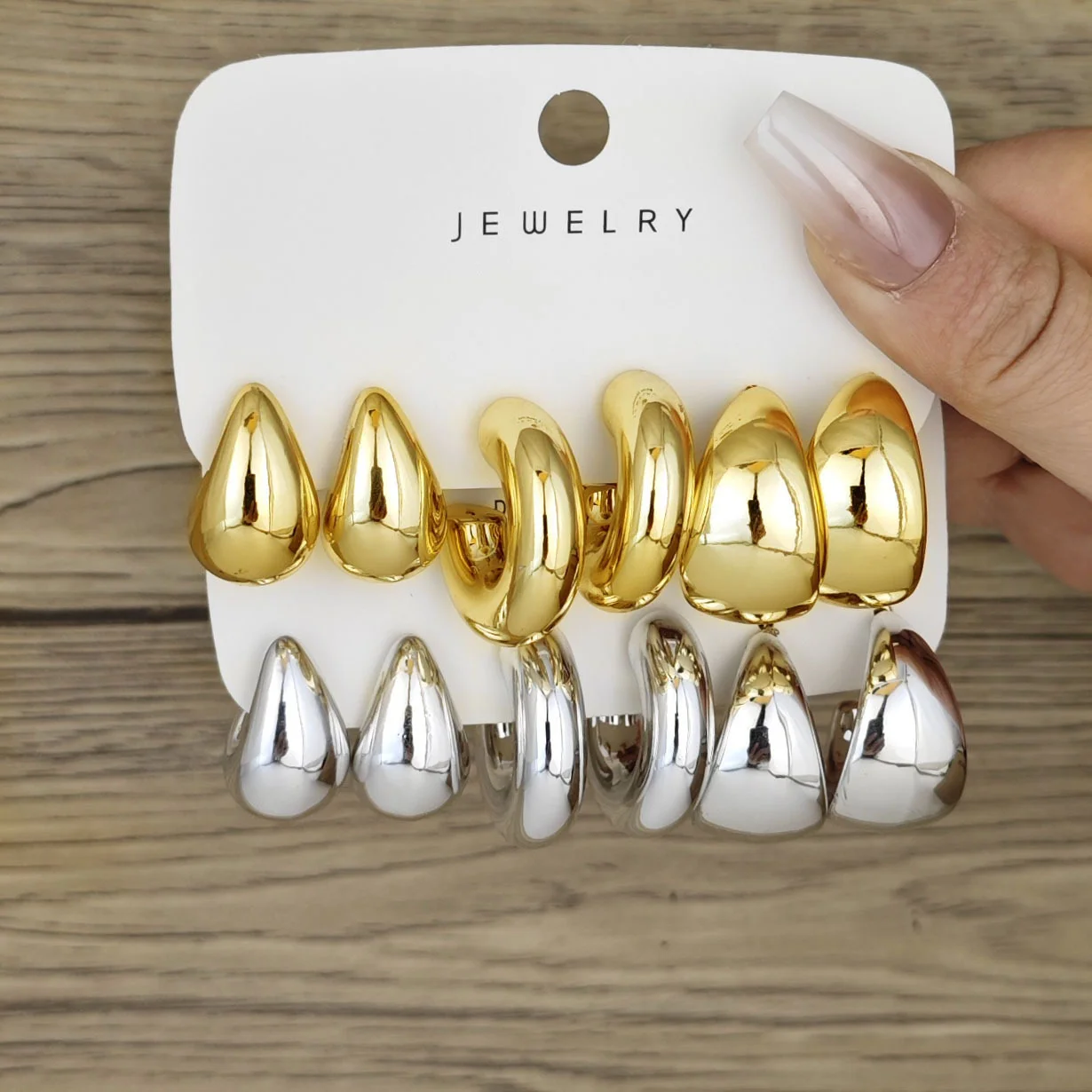 6pcs Chunky Gold Plated Waterdrop Hoop Earrings For Women Minimalist Smooth Thick Circle Drop Earring Lightweight Party Jewelry