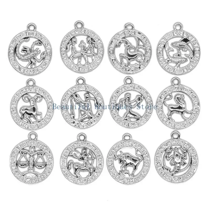 U4LF 12 Pieces/Set Zodiac Sign Charms Mixed Round 12 Constellation Pendant for DIY Earrings Bracelets Jewelry Making Findings