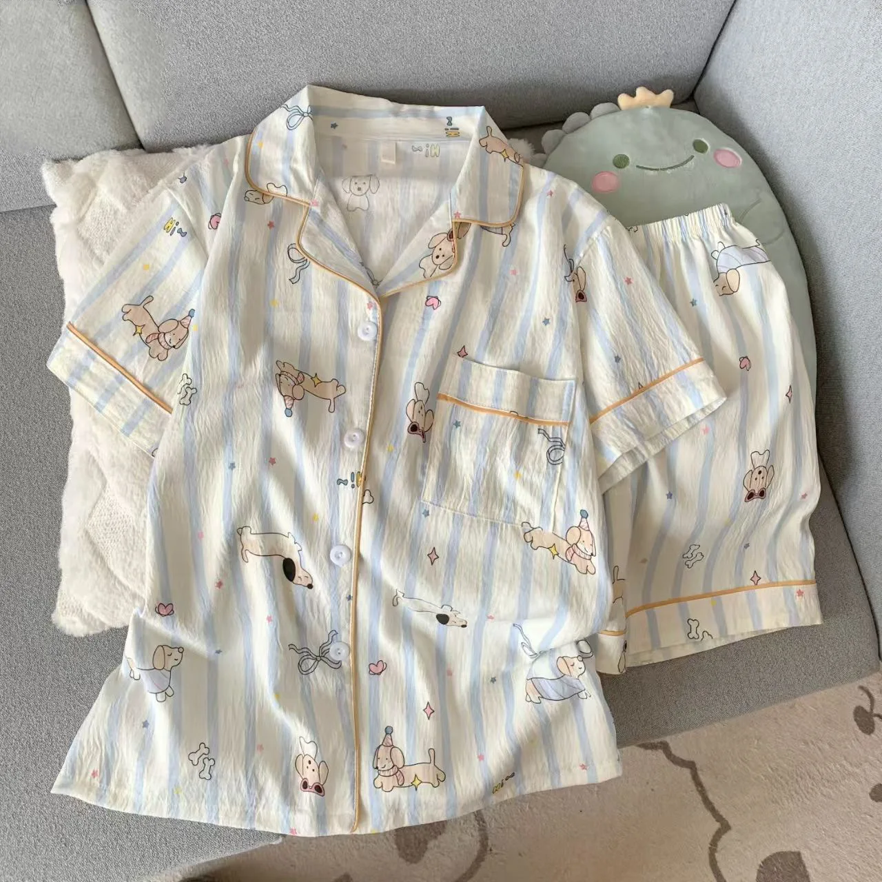 High Quality Summer Dog Print Pajamas for Women Comfortable Outerwear Loungewear Student Soft Casual Striped Sleepwear Homewear