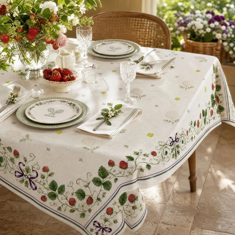 Strawberry Floral Vine Print Rectangle Tablecloth Vintage Fruit Botanical Dining Table Cover Spring Brunch Kitchen Decor