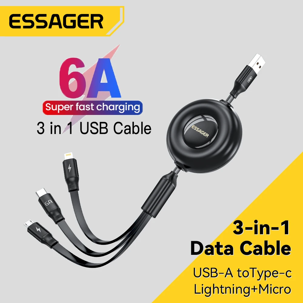 Essager Retractable 66W 3 in 1 USB Charge Cable 6A For Huawei Samsung Xiaomi USB Type C Cable Fast Charging Cable for iPhone 14