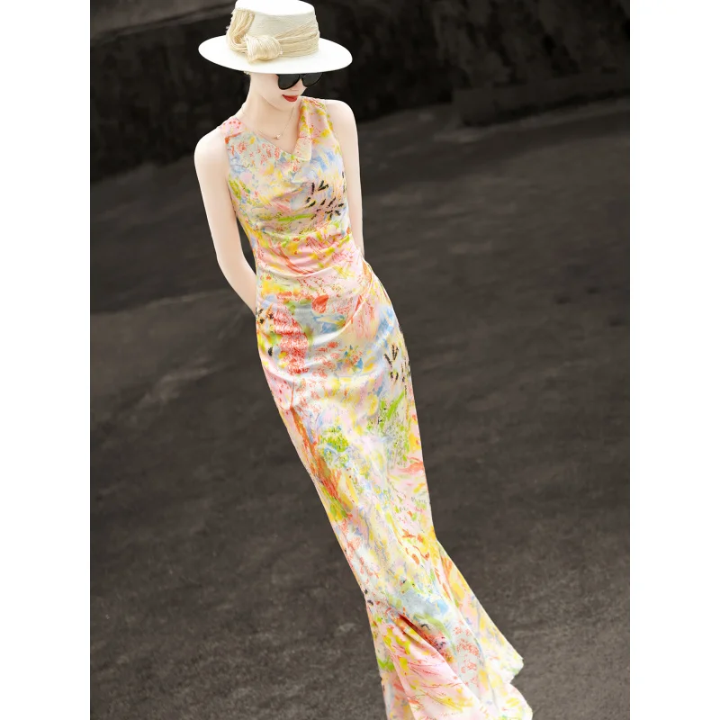 MEXCOCO 2026 Summer New French Resort Style Sleeveless Draped Neck Oil Painting Print Waist Cinched Women Dress