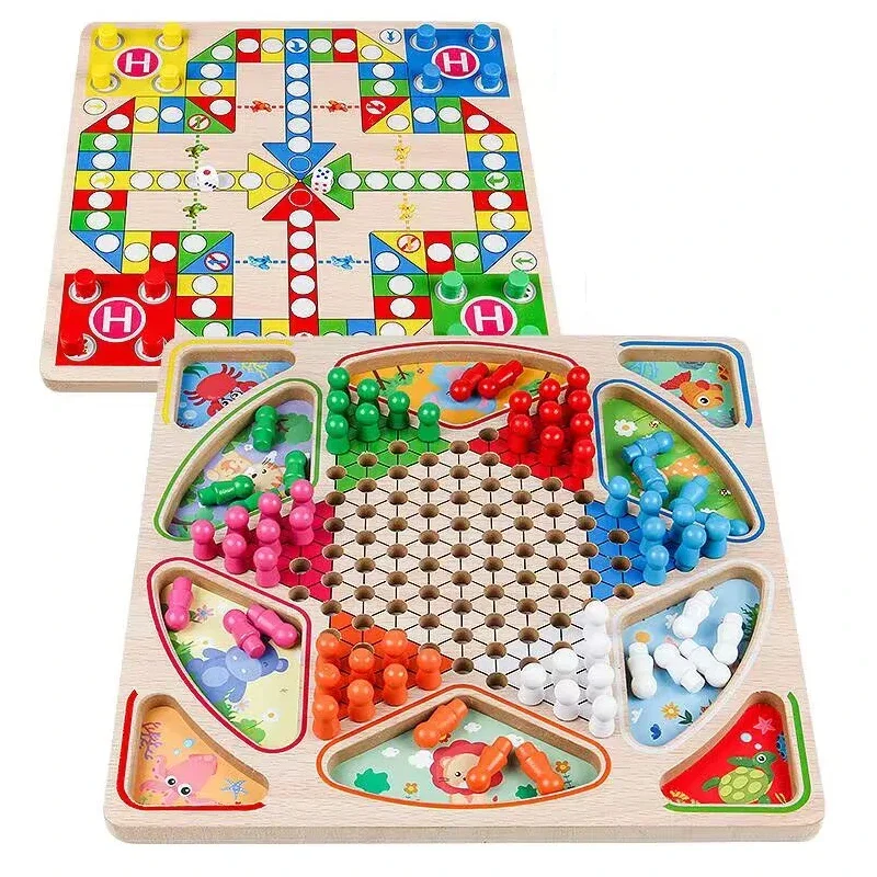 2 in 1 Double-Faced Mini Chess Game Checkerboard Wooden Flying Chess Chinese Checkers Flying Ludo Board Set Kid Family Toy