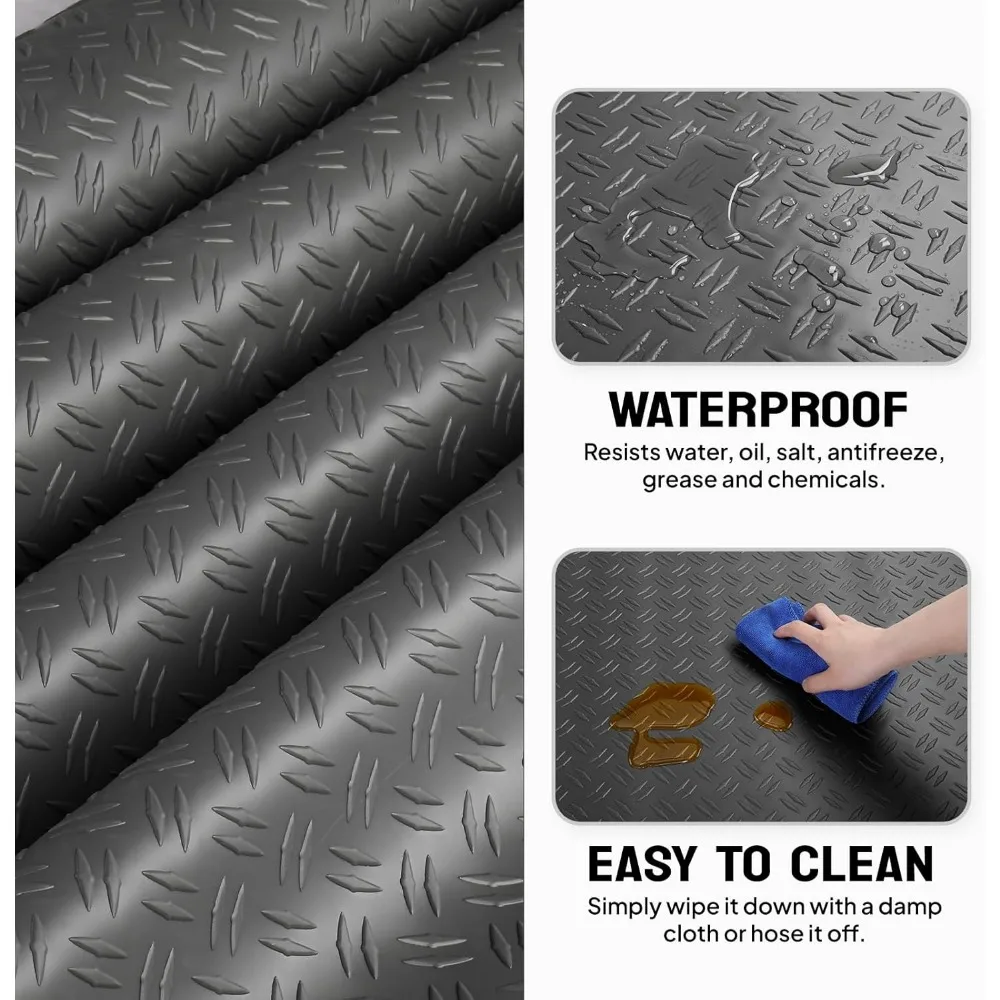 Thick Diamond Plate PVC Garage Floor Mat - 7.5 x 17 FT Roll for Under Car and Parking Area