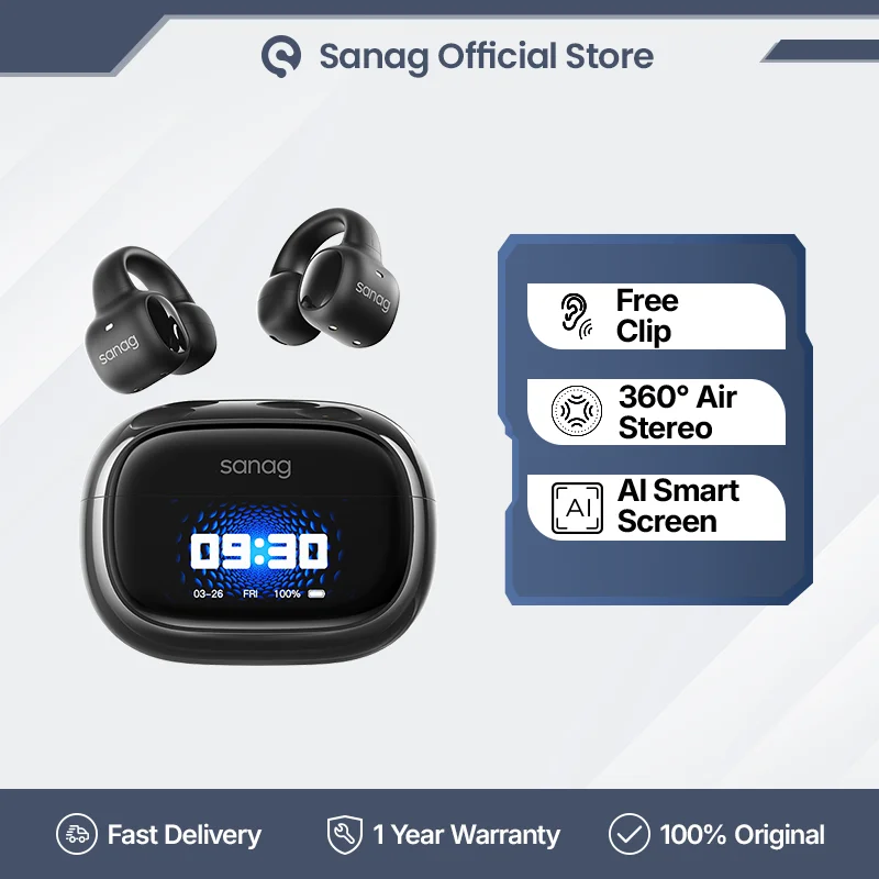 Sanag S3 Pro Smart Screen Bluetooth Earphone Open Ear TWS Earbuds 360 ° Stereo Sound OWS Headphones Earclip Wireless Headset