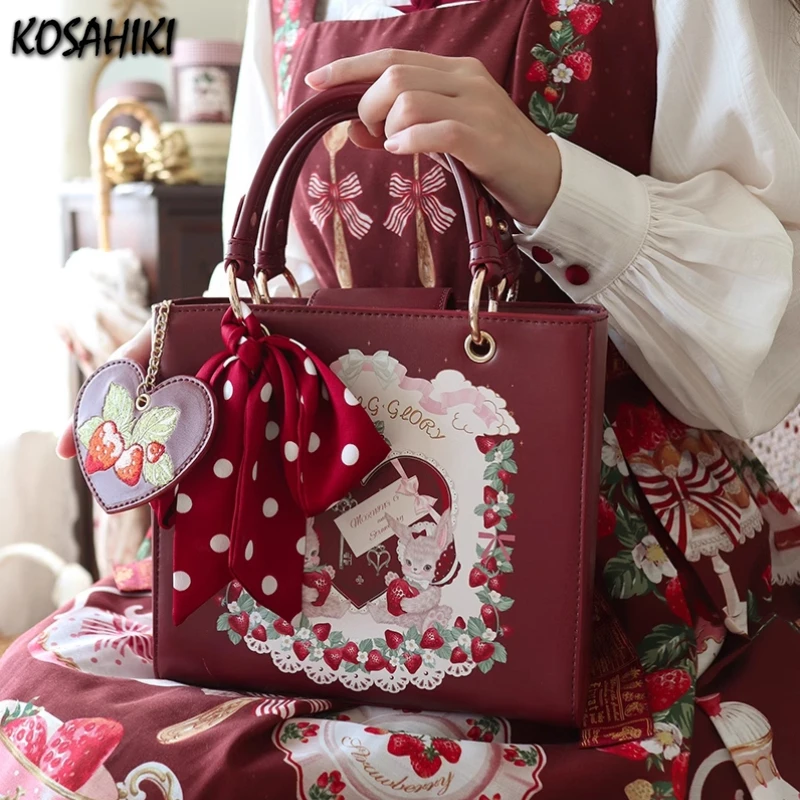 

Лолита Sweet Y2k Эстетическое сердце Сумка на плечо для девочек Сумки с мультяшным кроликом и клубничным принтом Kawaii Винтажные сумки через плечо для женщин