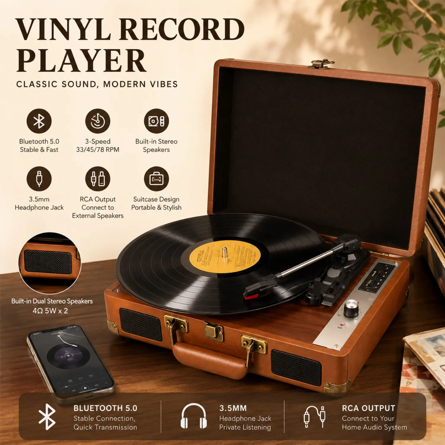 Vintage Vinyl Turntable 3-Speed Suitcase Style Music Player with Stereo Sound, RCA Output & Headphone Port