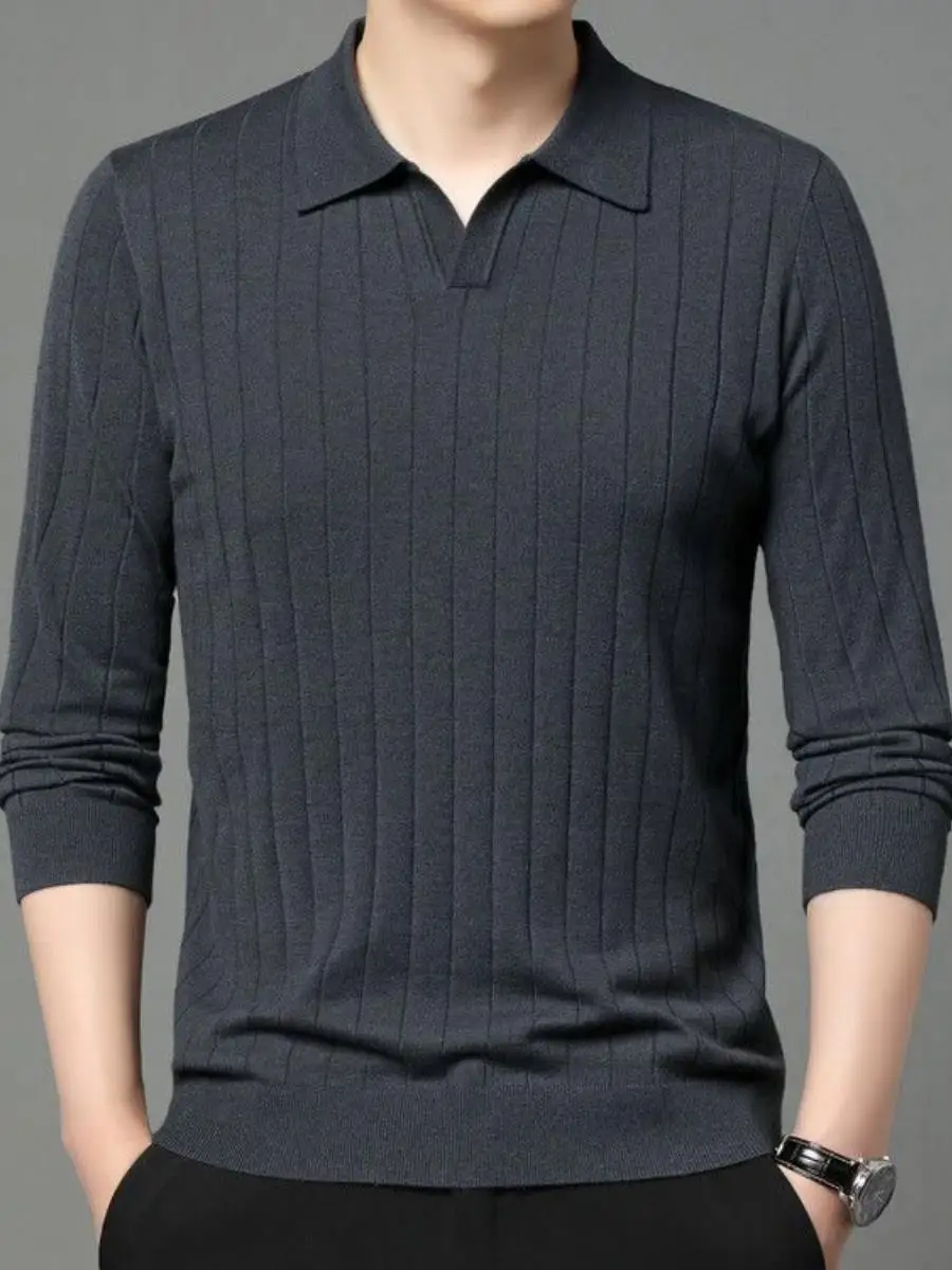 

Men's Casual Knitted Long Sve irt Midlife Pure Color Turn-down Collar Knitwear Comfortable Busin Spring Faion Ci