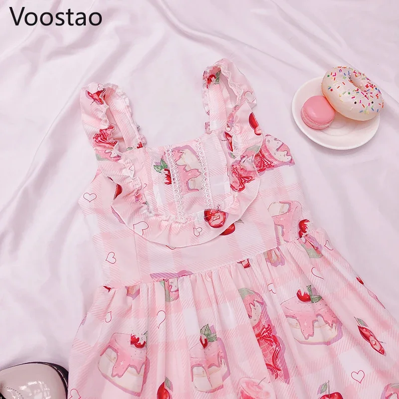 Robe JSK Lolita de style japonais pour filles, jolie robe rose Harajuku, sans imprimé, robe de soirée Kawaii à volants, robes en fibre