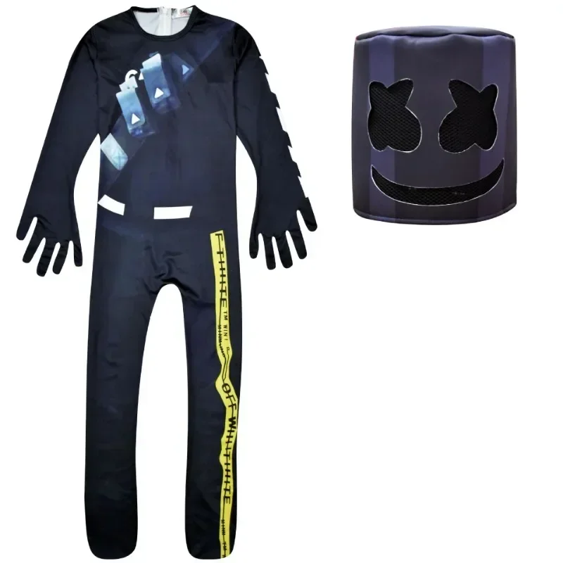 Kids Fortnites DJ Marshmello Cosplay Halloween Costume with Mask Boys Girls Jumpsuit Carnival Party Electric Syllables Bodysuit