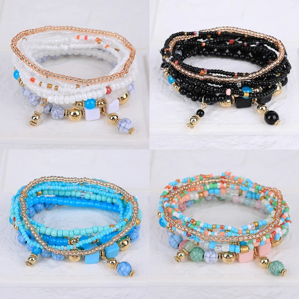 8Pcs Bohemia Rice Beads Bracelet Set For Women Summer Colorful Handmade Elastic Chain Bangle Men DIY Jewelry Accessories